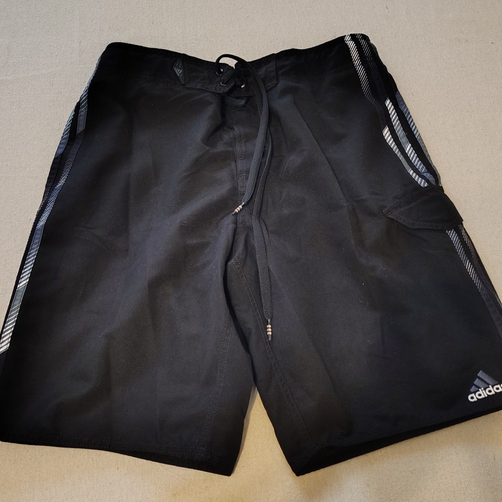 Adidas Mens Black Board Shorts‎ Swim Trunks Cargo Pocket Stripes Size 34 L 12
